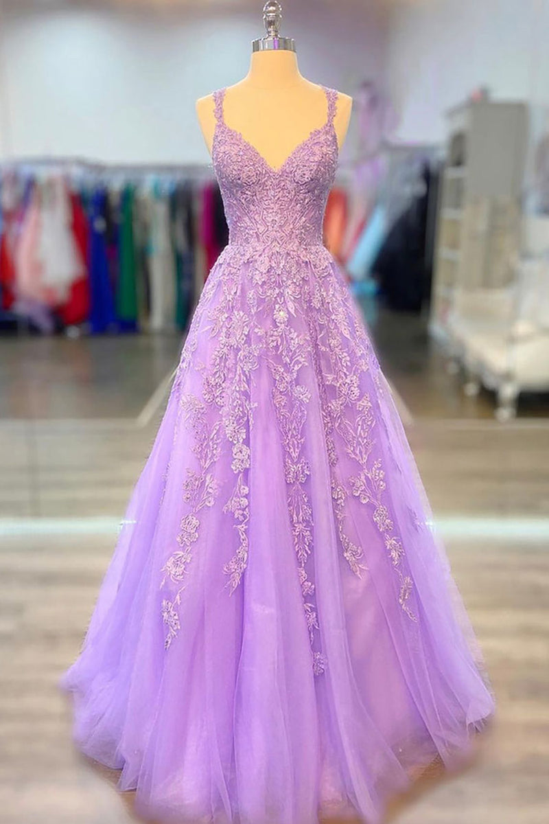 Load image into Gallery viewer, Princess Lavender A Line Prom Dress with Appliques