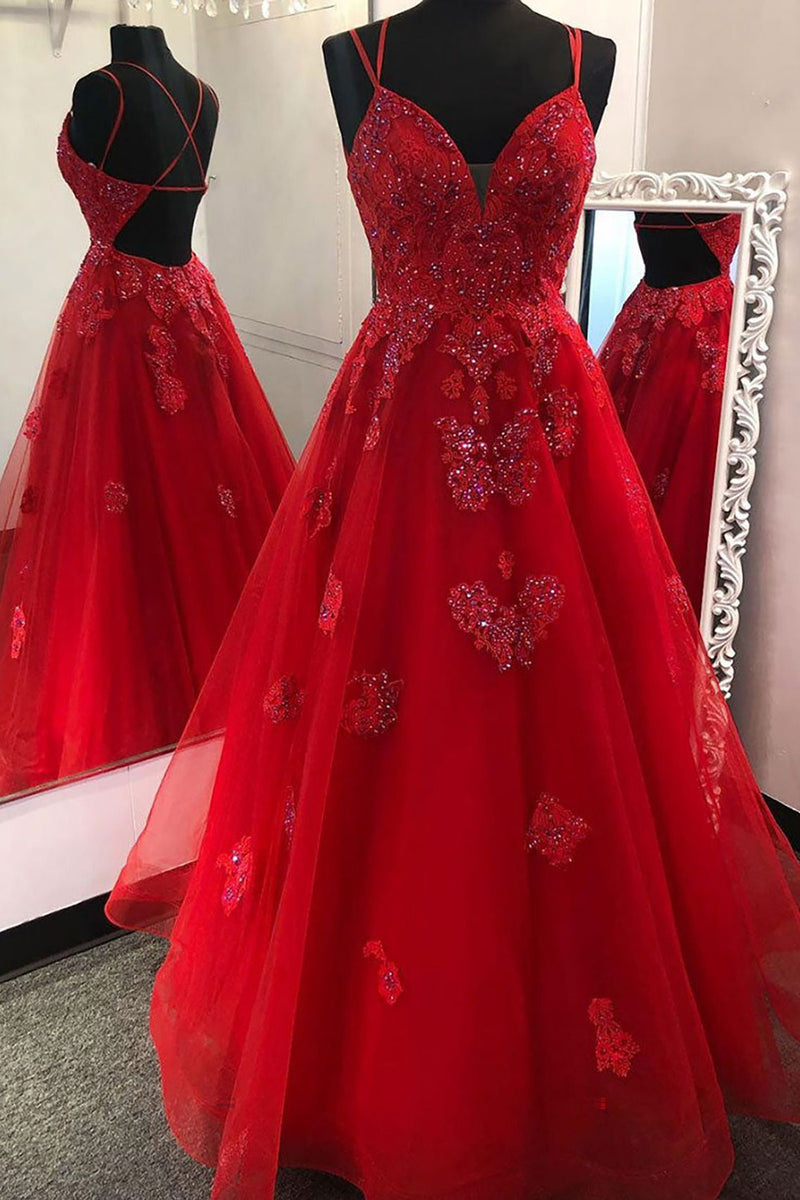 Load image into Gallery viewer, Princess Red A Line Beading Prom Dress with Appliques