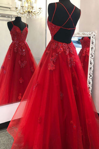 Princess Red A Line Beading Prom Dress with Appliques