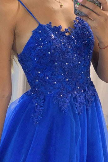 A Line Princess Royal Blue Beading Prom Dress with Appliques