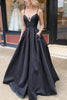 Load image into Gallery viewer, Black A Line Satin Beading Prom Dress with Pockets