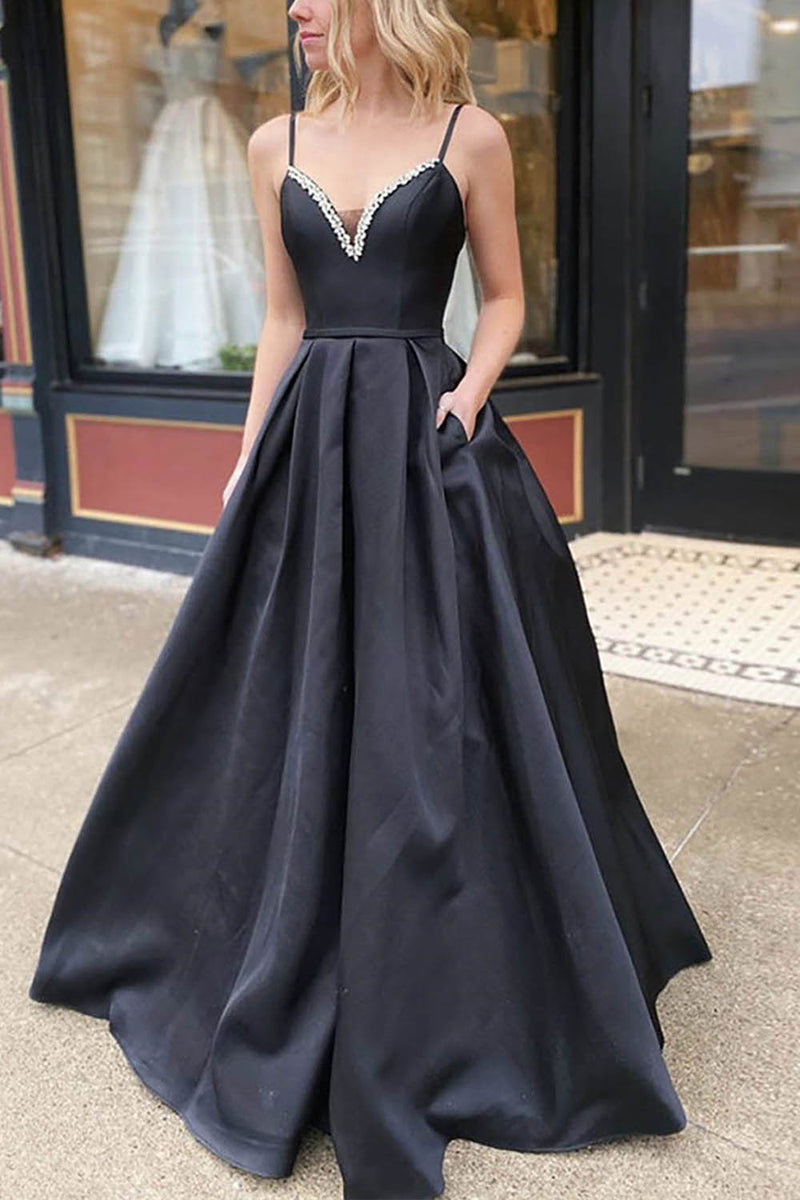 Load image into Gallery viewer, Black A Line Satin Beading Prom Dress with Pockets