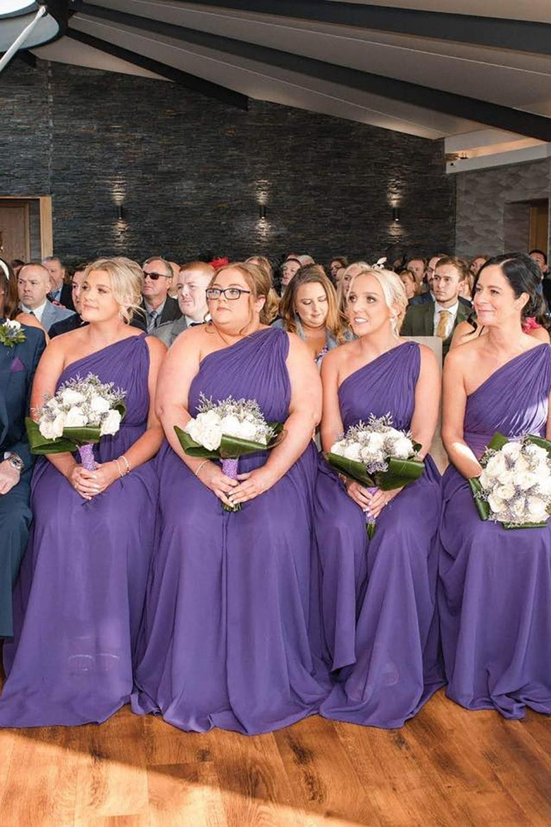 Load image into Gallery viewer, Purple Chiffon One Shoulder Tunic A-Line Long Bridesmaid Dress