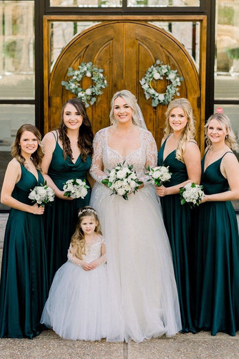 Spaghetti Straps A-Line Dark Green Chiffon Long Bridesmaid Dress