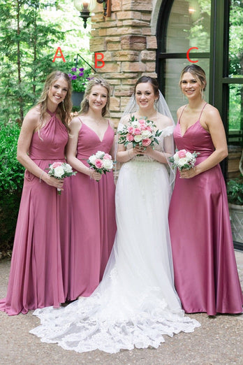 Mauve Chiffon Halter A-Line Long Bridesmaid Dress