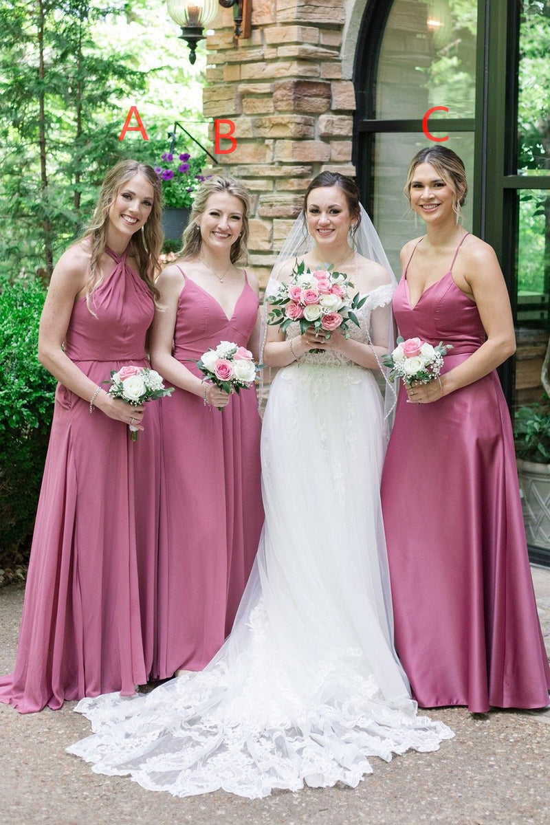 Load image into Gallery viewer, Mauve Chiffon Halter A-Line Long Bridesmaid Dress