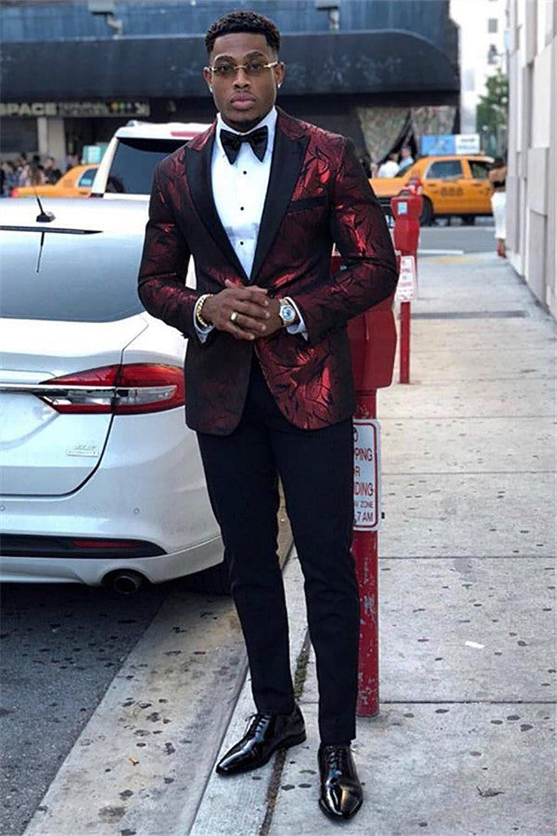 Load image into Gallery viewer, Peak Lapel Burgundy One Button Men&#39;s Prom Blazer