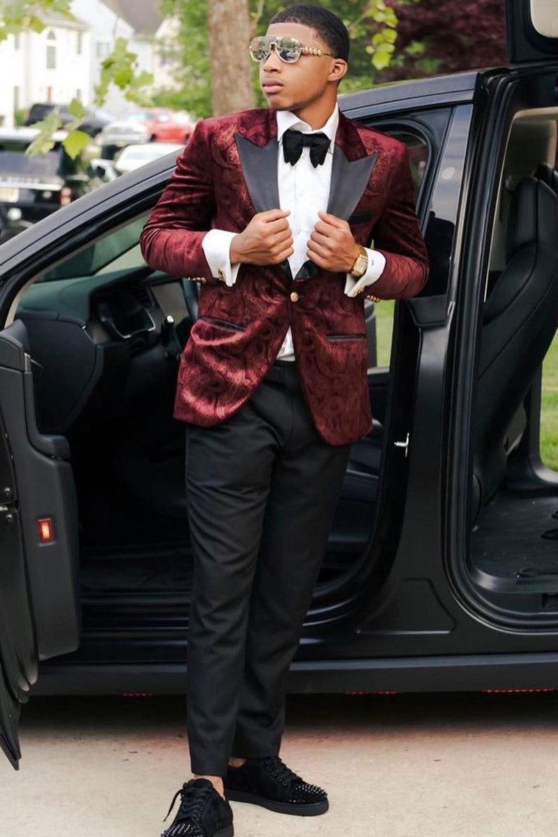 Load image into Gallery viewer, Peak Lapel Burgundy One Button Print Men&#39;s Prom Suits