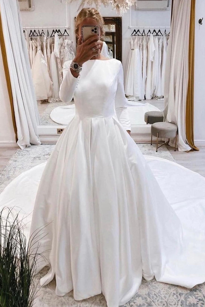 Load image into Gallery viewer, White Vintage Bateau Long A-Line Wedding Dress with Sleeves