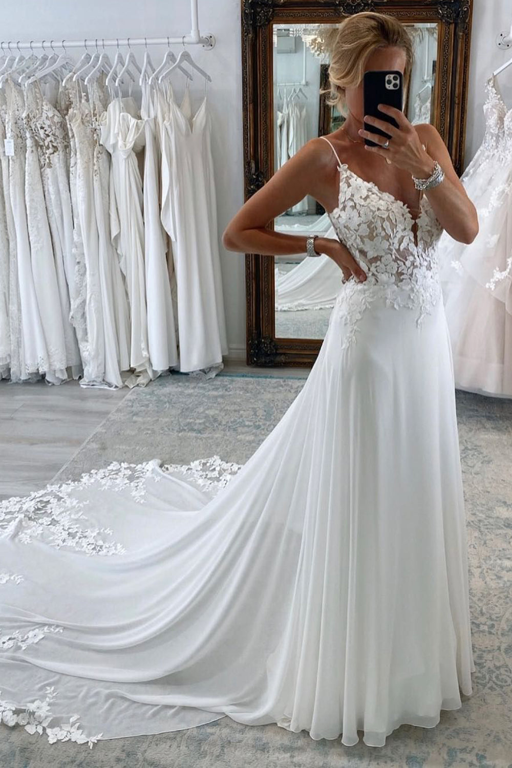 Hellymoon Women White Chiffon A Line Long Wedding Dress Spaghetti Straps Backless Sweep Train Bridal Dress hellymoonuk