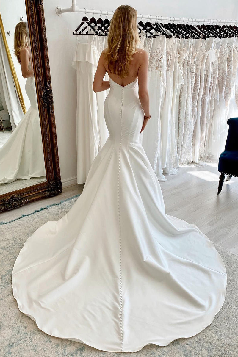 Load image into Gallery viewer, White Strapless Satin Long Mermaid Wedding Dress