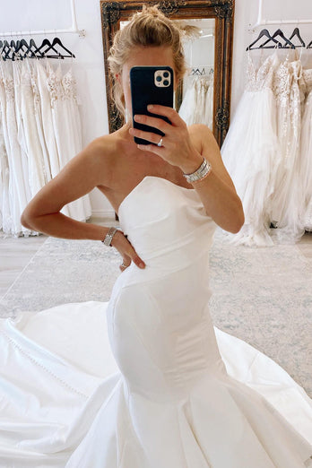 White Strapless Satin Long Mermaid Wedding Dress