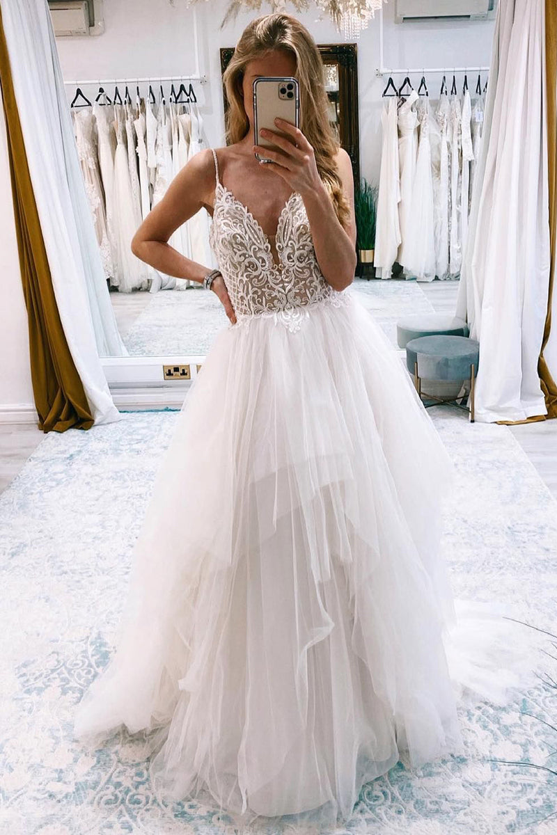 Load image into Gallery viewer, Ivory A-Line Backless Asymmetrical Tulle Long Wedding Dress with Lace