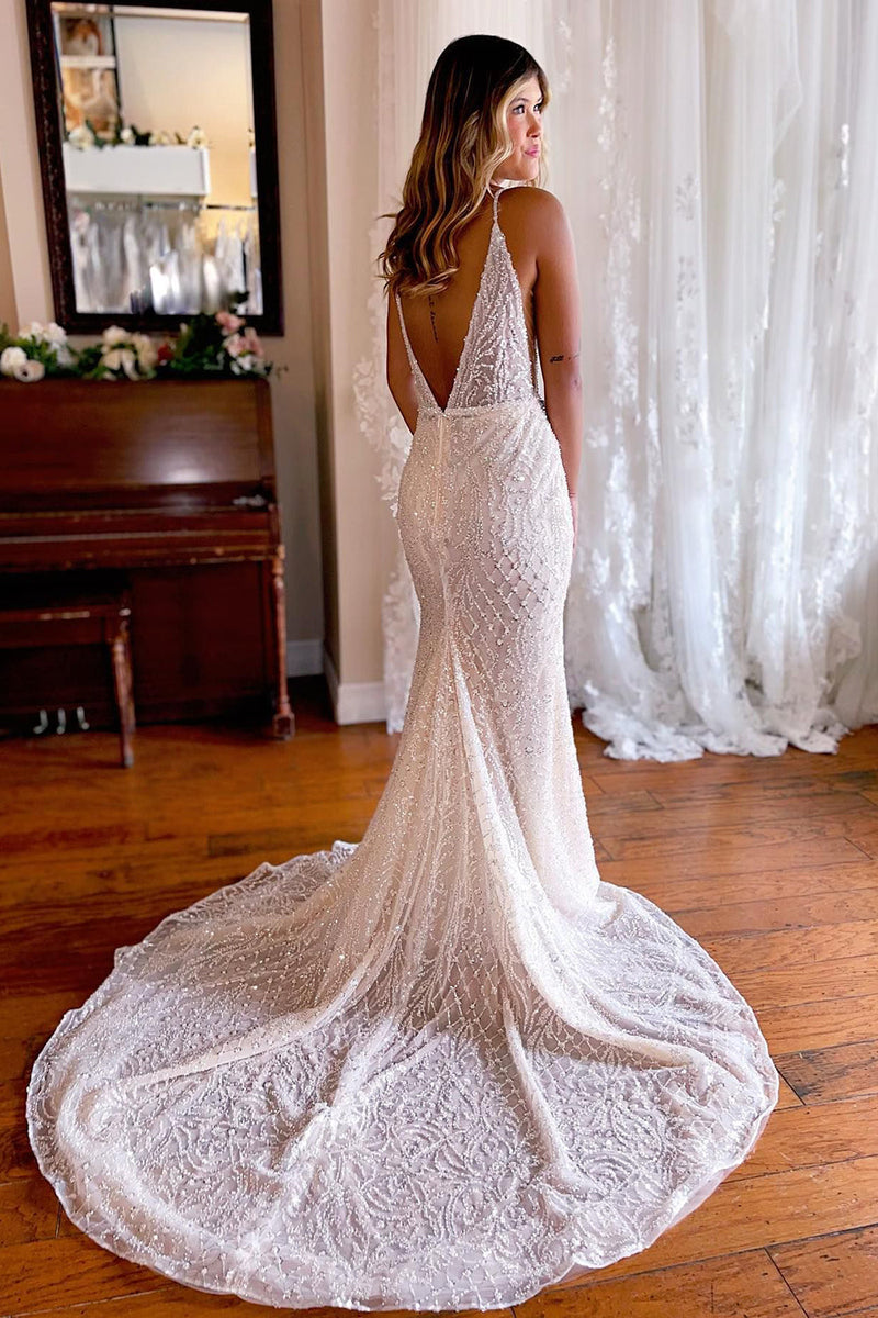 Load image into Gallery viewer, Sparkly Mermaid White Lace Backless Sweep Train Long Wedding Dress