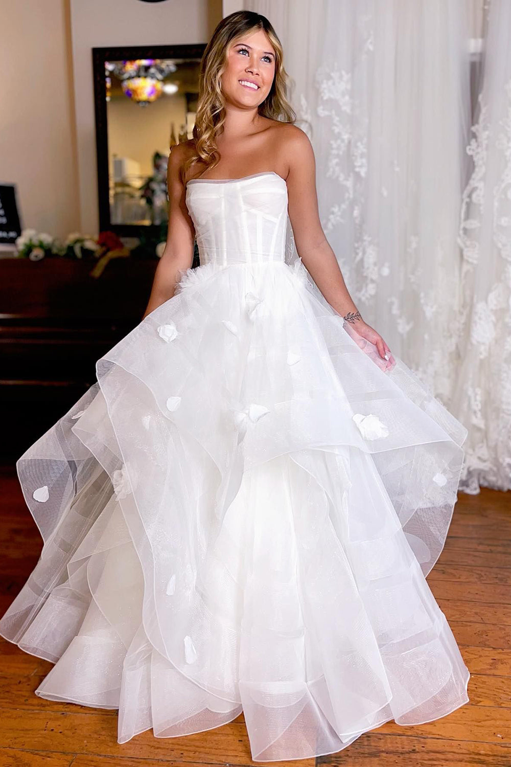 Simple White Corset A-Line Asymmetrical Wedding Dress with Flowers