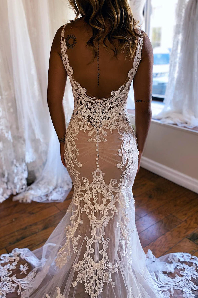 Load image into Gallery viewer, Champagne V-Neck Mermaid Long Lace Wedding Dress