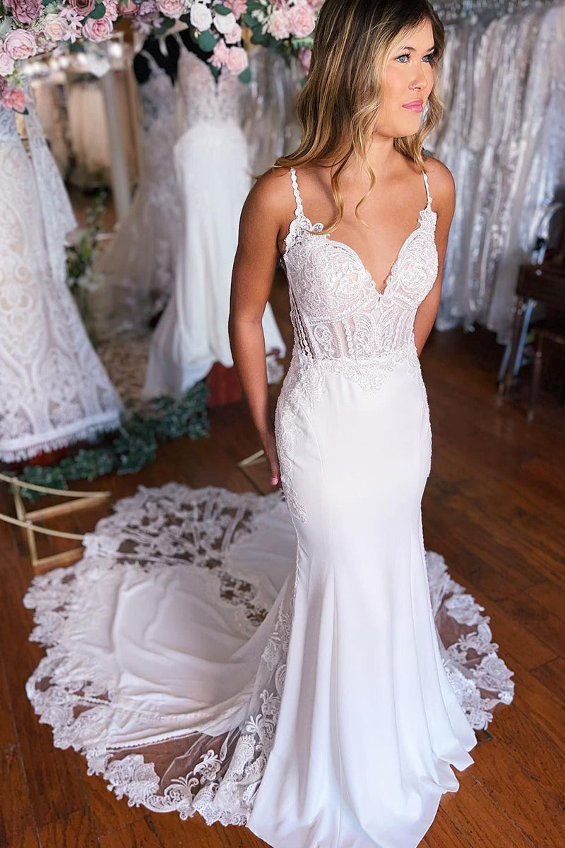 Load image into Gallery viewer, White Boho Mermaid Spaghetti Straps Long Wedding Dress with Lace