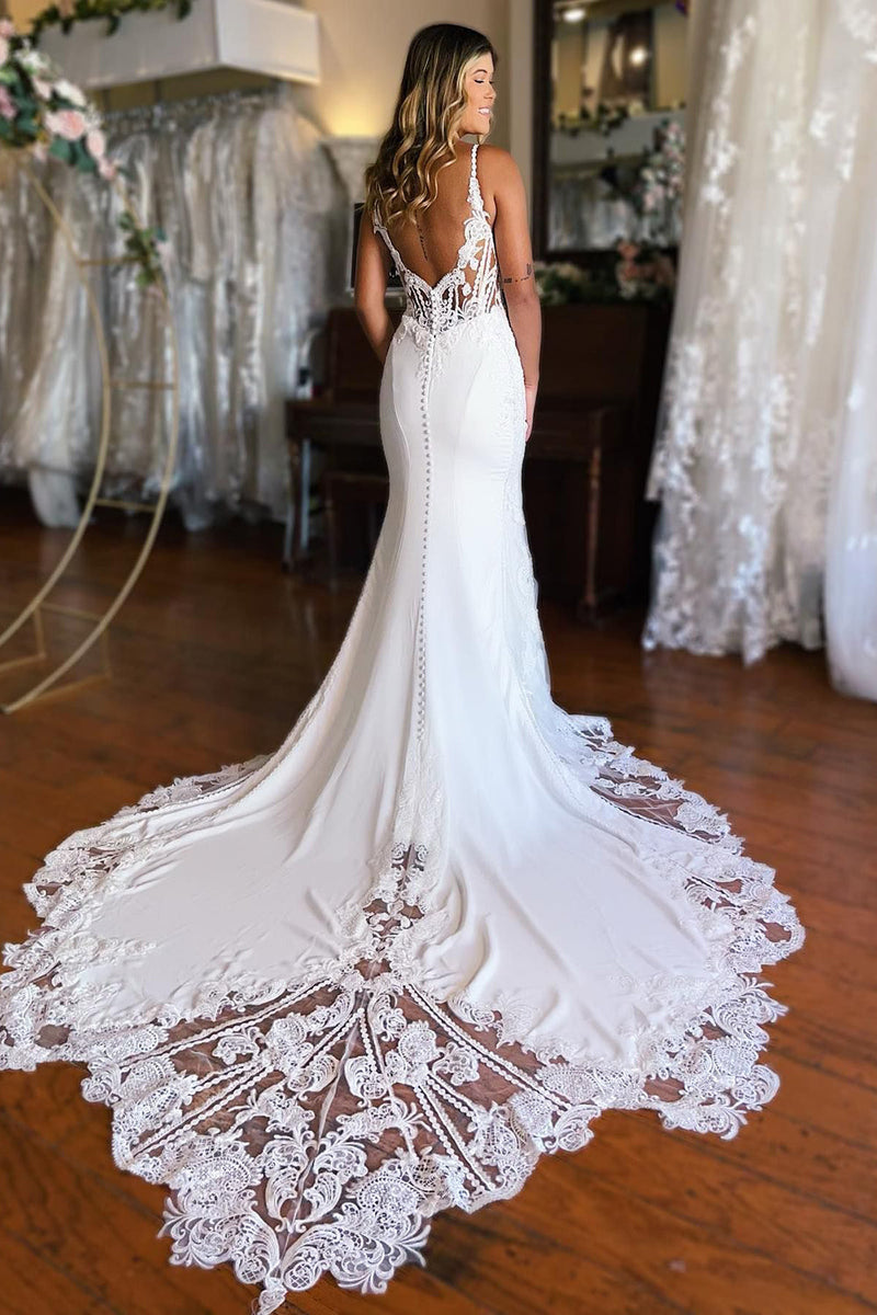 Load image into Gallery viewer, White Boho Mermaid Spaghetti Straps Long Wedding Dress with Lace