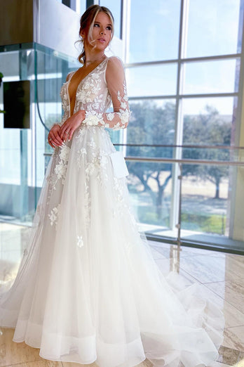 Ivory A-Line Illusion Deep V-Neck Long Sleeves Wedding Dress