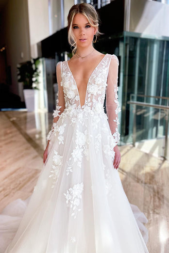 Ivory A-Line Illusion Deep V-Neck Long Sleeves Wedding Dress