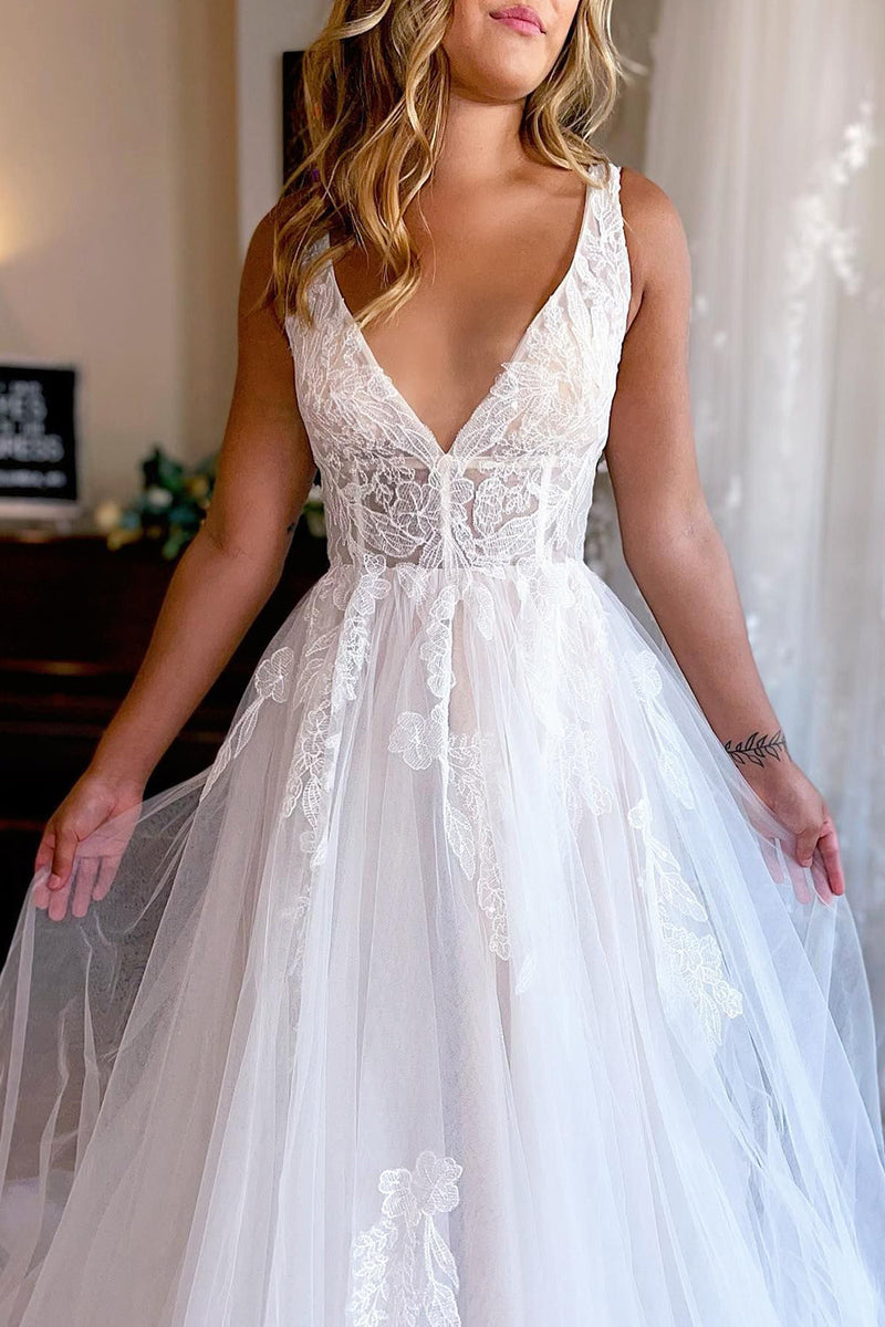Load image into Gallery viewer, Ivory A-Line Deep V-Neck Backless Long Wedding Dress with Lace