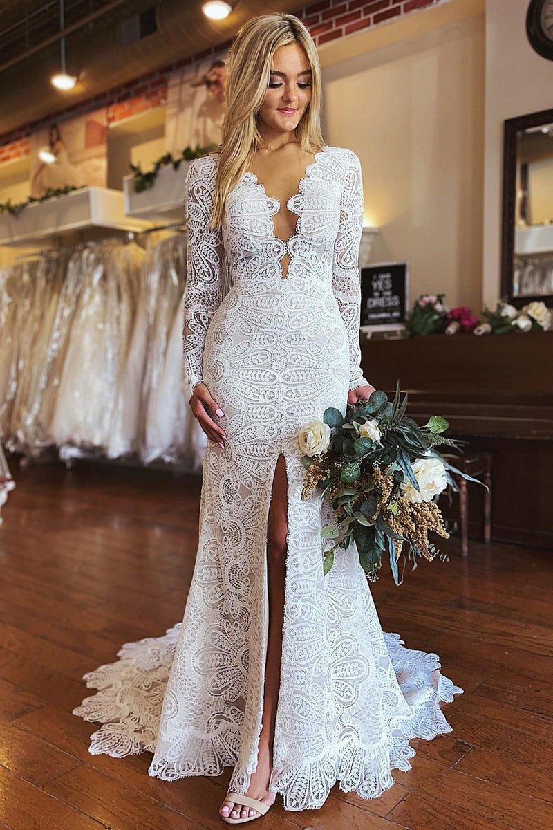 Load image into Gallery viewer, White Mermaid Boho Long Lace Wedding Dress with Sleeves