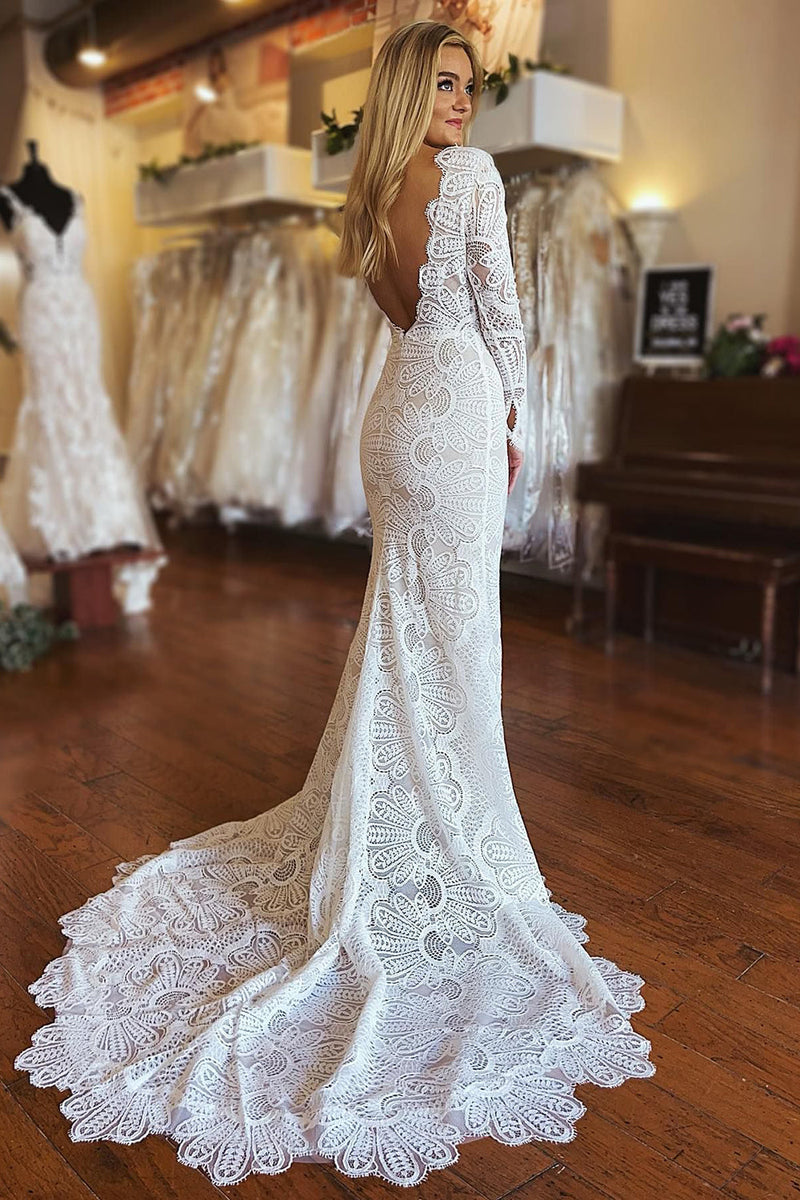 Load image into Gallery viewer, White Mermaid Boho Long Lace Wedding Dress with Sleeves