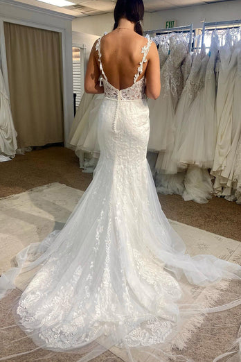 Tulle Mermaid Spaghetti Straps White Long Wedding Dress with Appliques