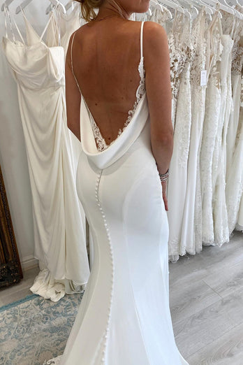 White Spaghetti Straps Long Mermaid Boho Wedding Dress with Lace
