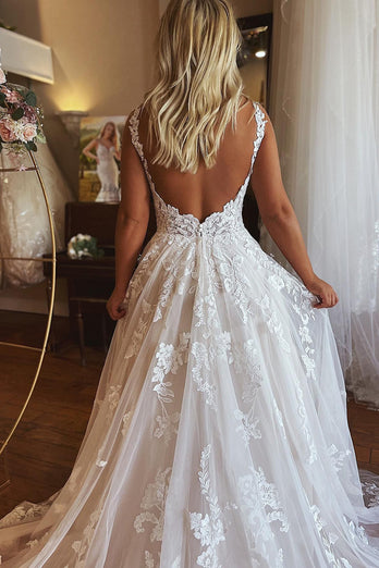 Ivory V-Neck A-Line Tulle Wedding Dress with Pockets