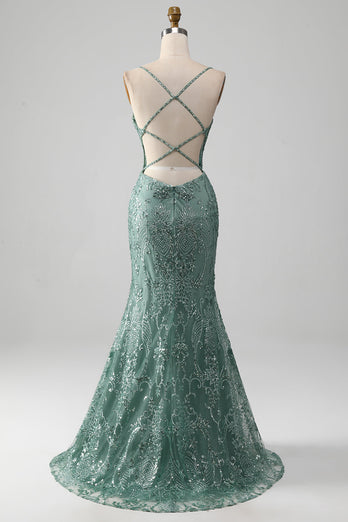 Spaghetti Staps Sparkly Grey Green Prom Dress with Beading