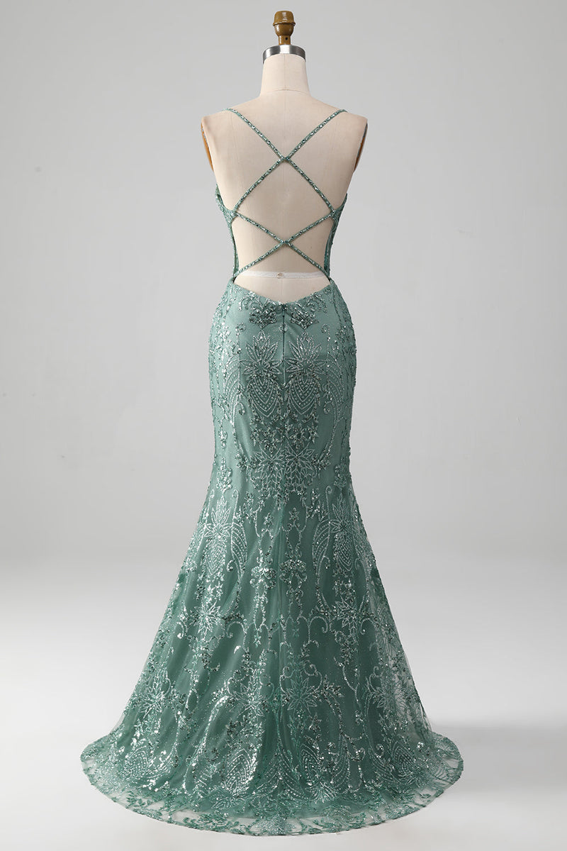 Load image into Gallery viewer, Spaghetti Staps Sparkly Grey Green Prom Dress with Beading