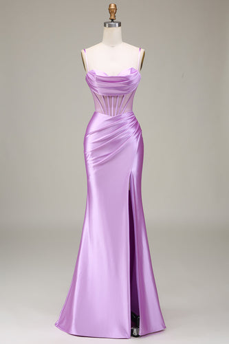 Satin Spaghetti Straps Lilac Prom Dress with Corset