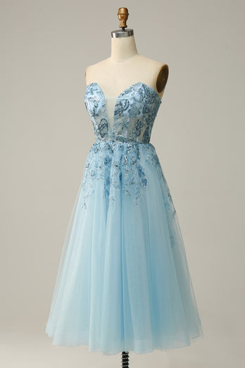 A Line Strapless Beading Corset Prom Dress