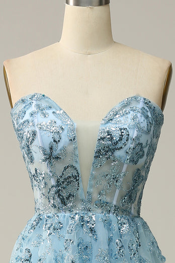 A Line Strapless Beading Corset Prom Dress