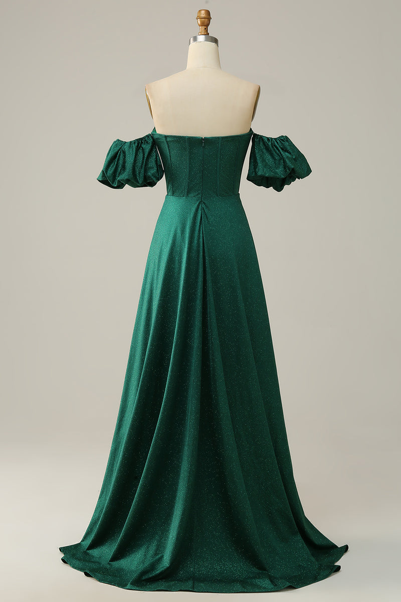 Load image into Gallery viewer, Off the Shoulder Green Sparkly Corset Prom Dress