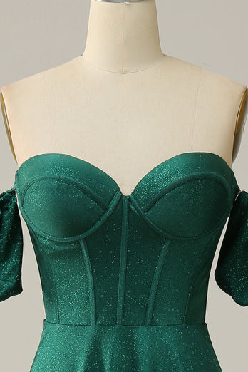 Off the Shoulder Green Sparkly Corset Prom Dress