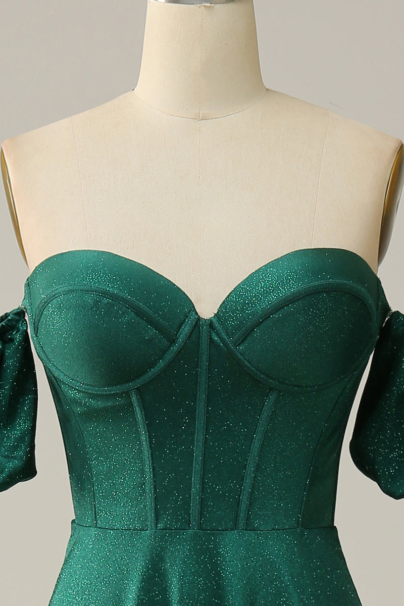 Load image into Gallery viewer, Off the Shoulder Green Sparkly Corset Prom Dress