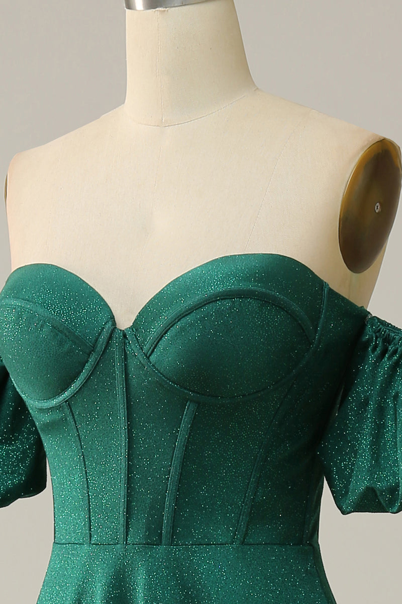 Load image into Gallery viewer, Off the Shoulder Green Sparkly Corset Prom Dress