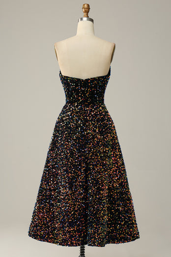 A Line Strapless Black Sequins Prom Dress