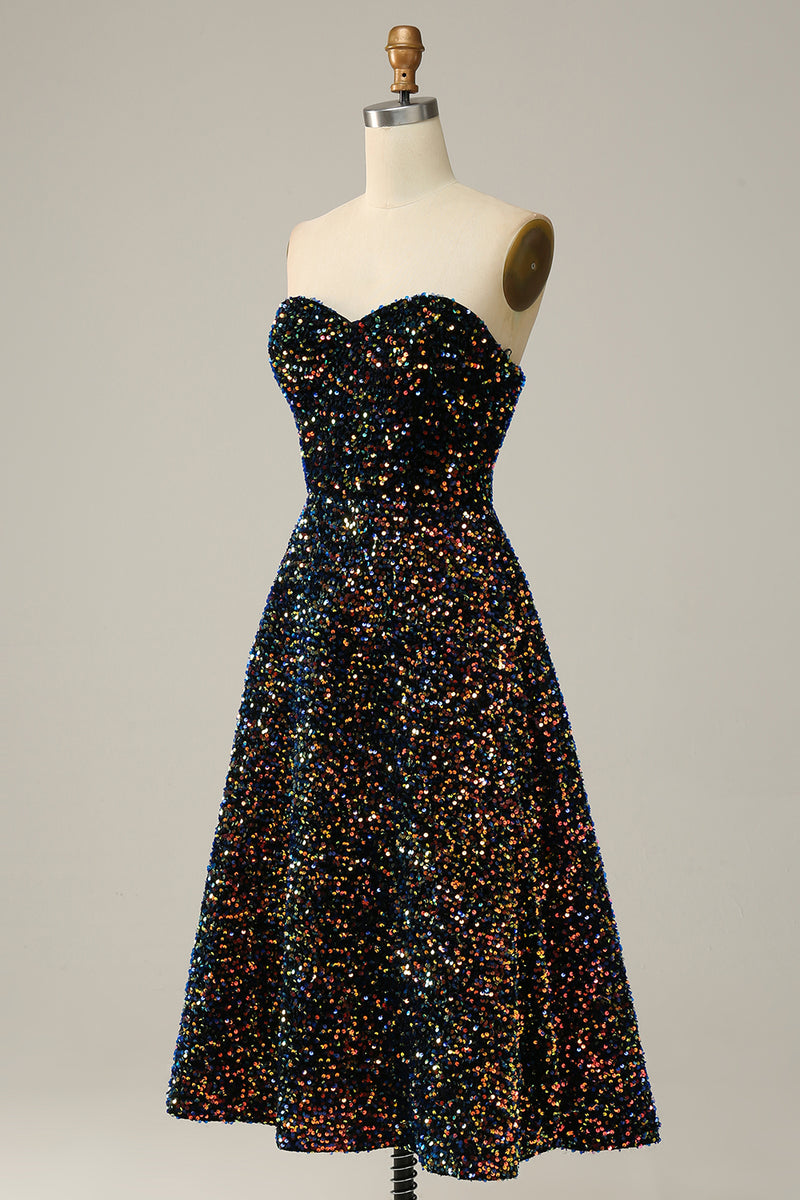 Load image into Gallery viewer, A Line Strapless Black Sequins Prom Dress