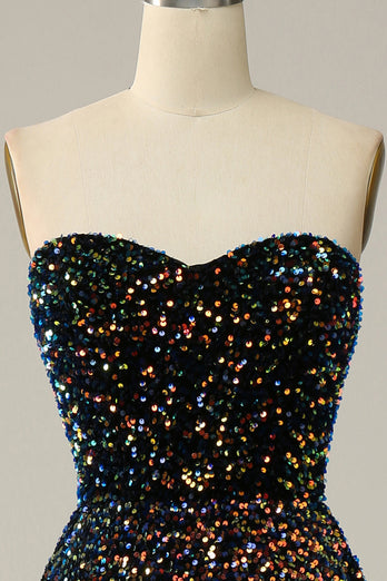 A Line Strapless Black Sequins Prom Dress