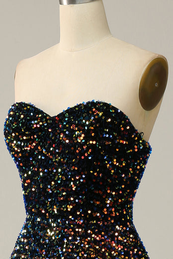 A Line Strapless Black Sequins Prom Dress