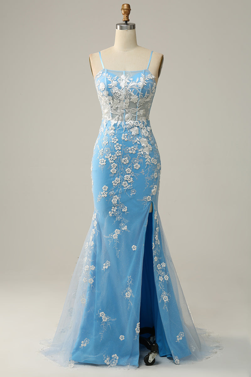 Load image into Gallery viewer, Blue Spaghetti Straps Corset Prom Dress with Appliques