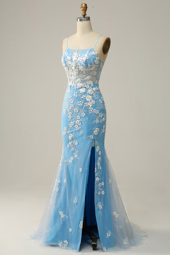 Blue Spaghetti Straps Corset Prom Dress with Appliques