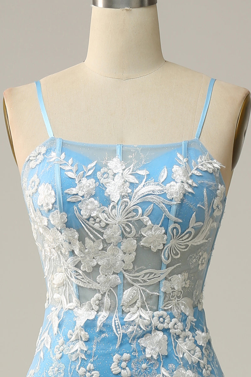 Load image into Gallery viewer, Blue Spaghetti Straps Corset Prom Dress with Appliques