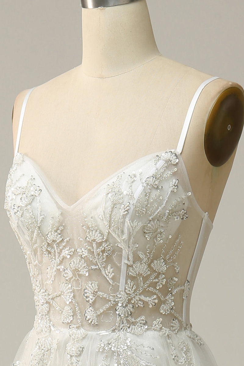 Load image into Gallery viewer, A Line Spaghetti Straps White Long Bridal Dress with Appliques