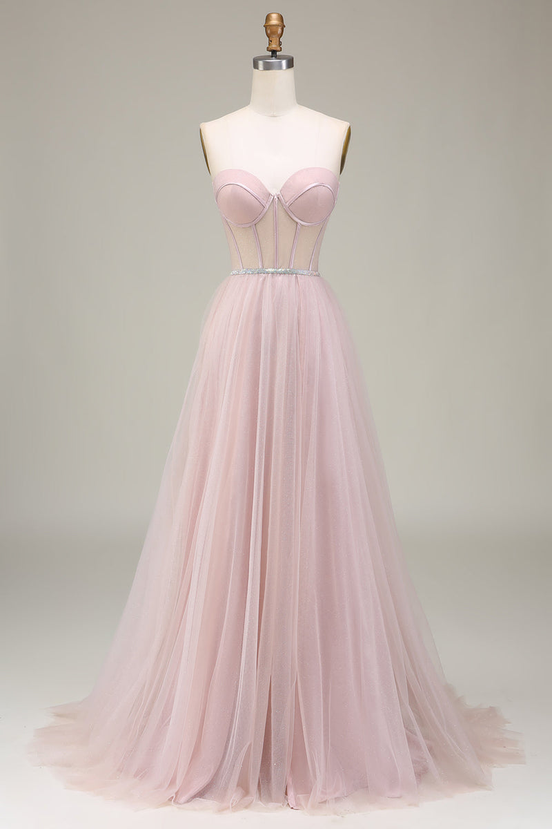 Load image into Gallery viewer, Tulle A Line Strapless Light Pink Corset Prom Dress