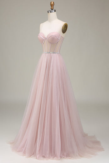 Tulle A Line Strapless Light Pink Corset Prom Dress