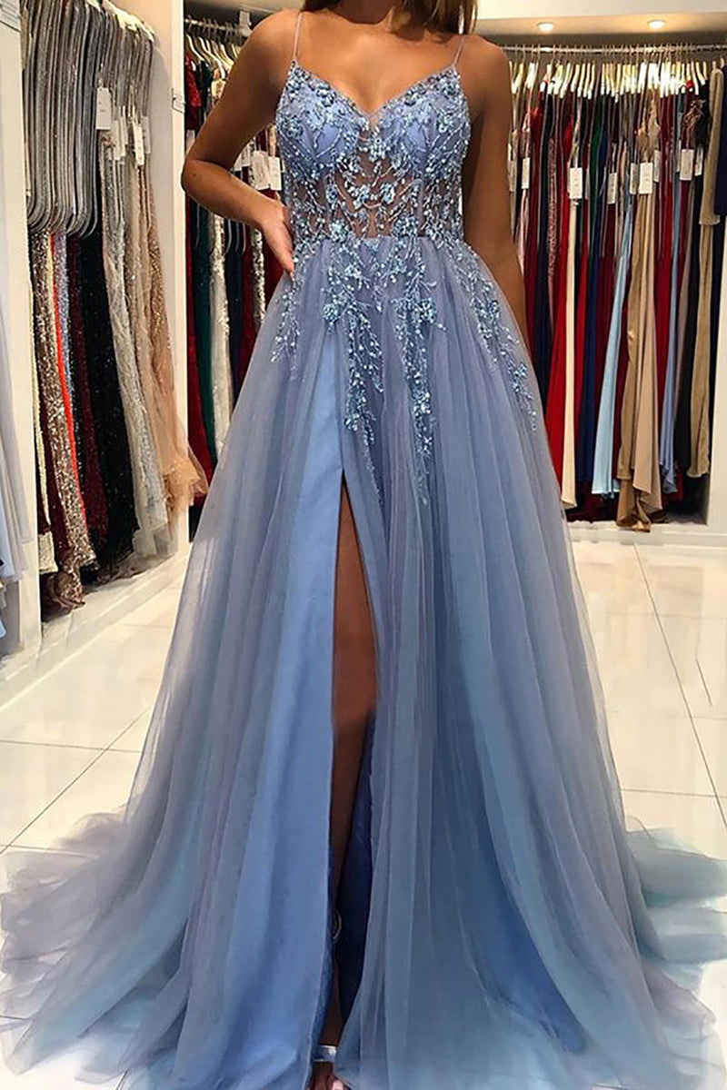 Load image into Gallery viewer, Tulle Blue Beading Princess Prom Dress